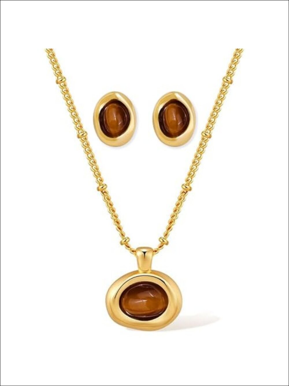 Gold Plated Tiger Eye Pendant Necklace Earrings Set Twisted Oval Women Gift